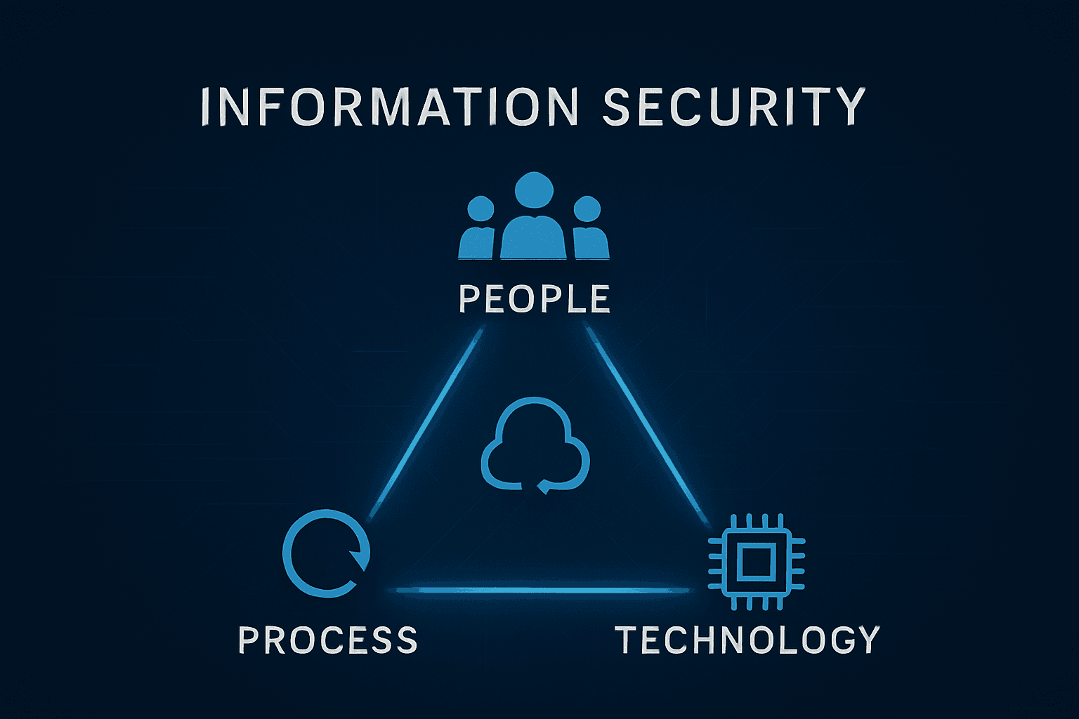 Diagram showing information security triangle with people, process, and technology connected.