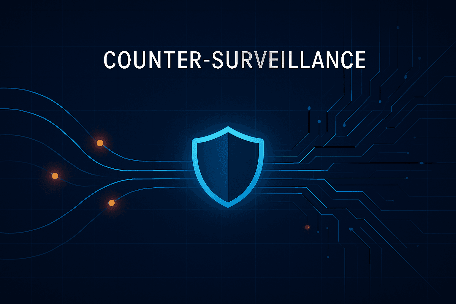 Illustration of a shield surrounded by electronic circuit lines suggesting counter-surveillance technology.